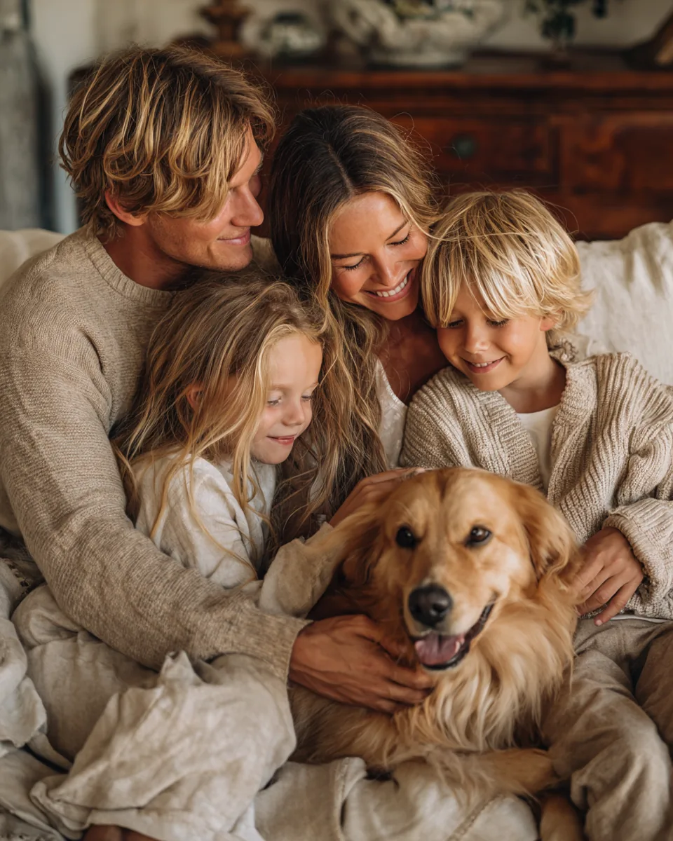 Famille blottie sur le canapé avec leur chien