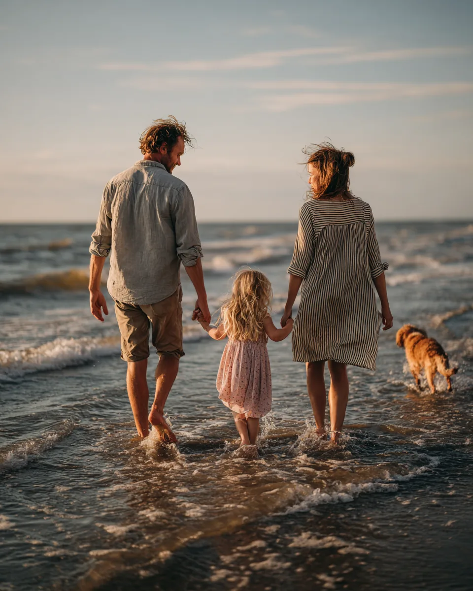 Famille marchant pieds nus dans les vagues au coucher du soleil