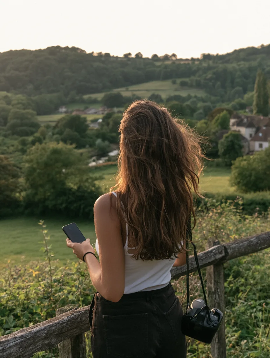 Laura Sireta de dos, smartphone à la main, face à un paysage de campagne au coucher du soleil